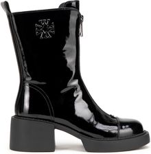 Damskie botki skórzane z monogramem czarno - srebrne