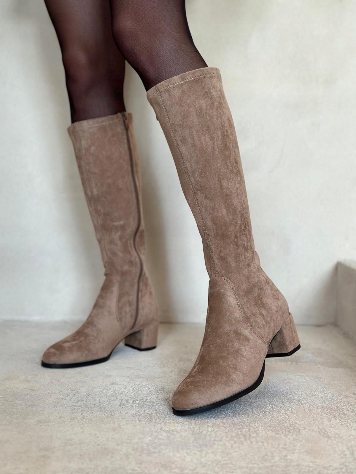 Kozaki Damskie Na Słupku Sergio Leone KZ205 Beżowe Zamszowe