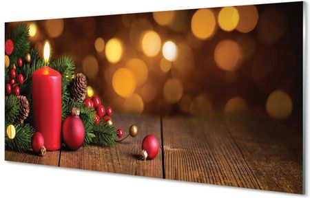 Tulup.Pl Obraz akrylowy Świeczka gałązki bombki deski 140x70 cm 2 zawieszki (OAH293510753)