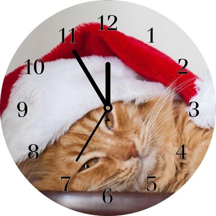 Tulup.pl Zegar ścienny Okrągły Kot Czapka Mikołaja Święta fi 30cm Czarne wskazówki (ZSFI30382960495)
