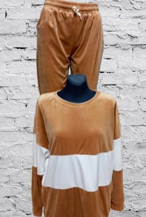 KOMPLET WELUROWY DRESY W PASKI BAWEŁNA BRĄZOWE 46 (3XL) MAJA MODA - zdjęcie 2