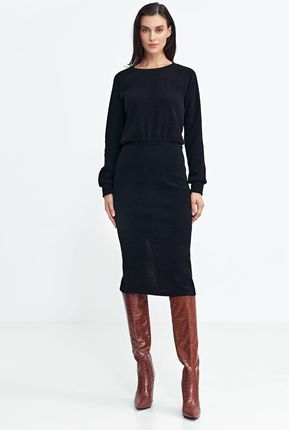 Sukienka z dzianiny prążkowanej z długim rękawem S260 Black - Nife