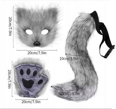 Maska Cosplay Furry Ogon Łapki Mitenki Wilk Lis Futrzak Zestaw 3szt. - zdjęcie 3
