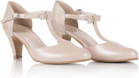 Buty ślubne NELA Ekskluzywne skórzane niskie szpilki PERŁA beż