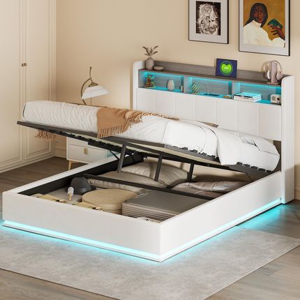 Fortuna Lai Gmbh Łóżko Tapicerowane 140X200Cm Z Usb Młodzieżowe Podwójne Ze Stelażem Listwowym I Schowkiem Do Przechowywania