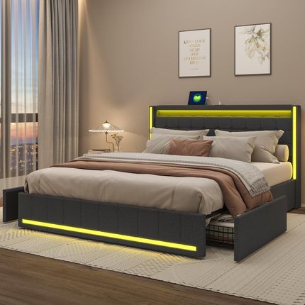 Fortuna Lai Gmbh Łóżko Tapicerowane Led Z Funkcją Ładowania Usb Zagłówkiem I 4 Szufladami Dwuosobowe 140X200Cm Rama Łóżka Do Przecho