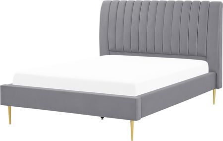 Beliani Łóżko Ze Stelażem Szare Tapicerowane Welurem Złote Nóżki 140X200 Cm Wysokie Wezgłowie Retro Design