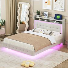 Flieks Łóżko Tapicerowane 140X200Cm Z Usb I Led Podwójne Ze Stelażem Listwowym Młodzieżowe Drewniane Półką Klasyczne Pościel