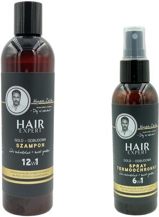Hair Expert Zestaw Gold Odbudowa Szampon 280ml + Spray Termoochronny 140ml