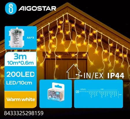 Aigostar Lampki Choinkowe Sople Fala Na 3 Baterie Aa Ciepła Biel Płaska Taśma Świetlna