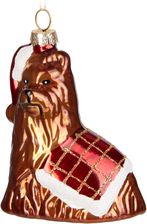 Brubaker Dog With Tartan Blanket And Christmas Hat Red Green Ręcznie Malowana Szklana Bombka Świąteczna Yorkshire Terrier Ozdoba Choinkowa 9,4 C