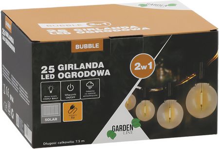 Gardenline Girlanda Ogrodowa 2W1 (Solar 3V) 7,5M 25 Led Bubble Ciepły Biały Z Uchwytami (5900779871304)