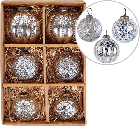 Beliani Zestaw 6 Bombek Na Choinkę Srebrny Szklanych Choinkowe Ręcznie Robione Wiszące Dekoracje