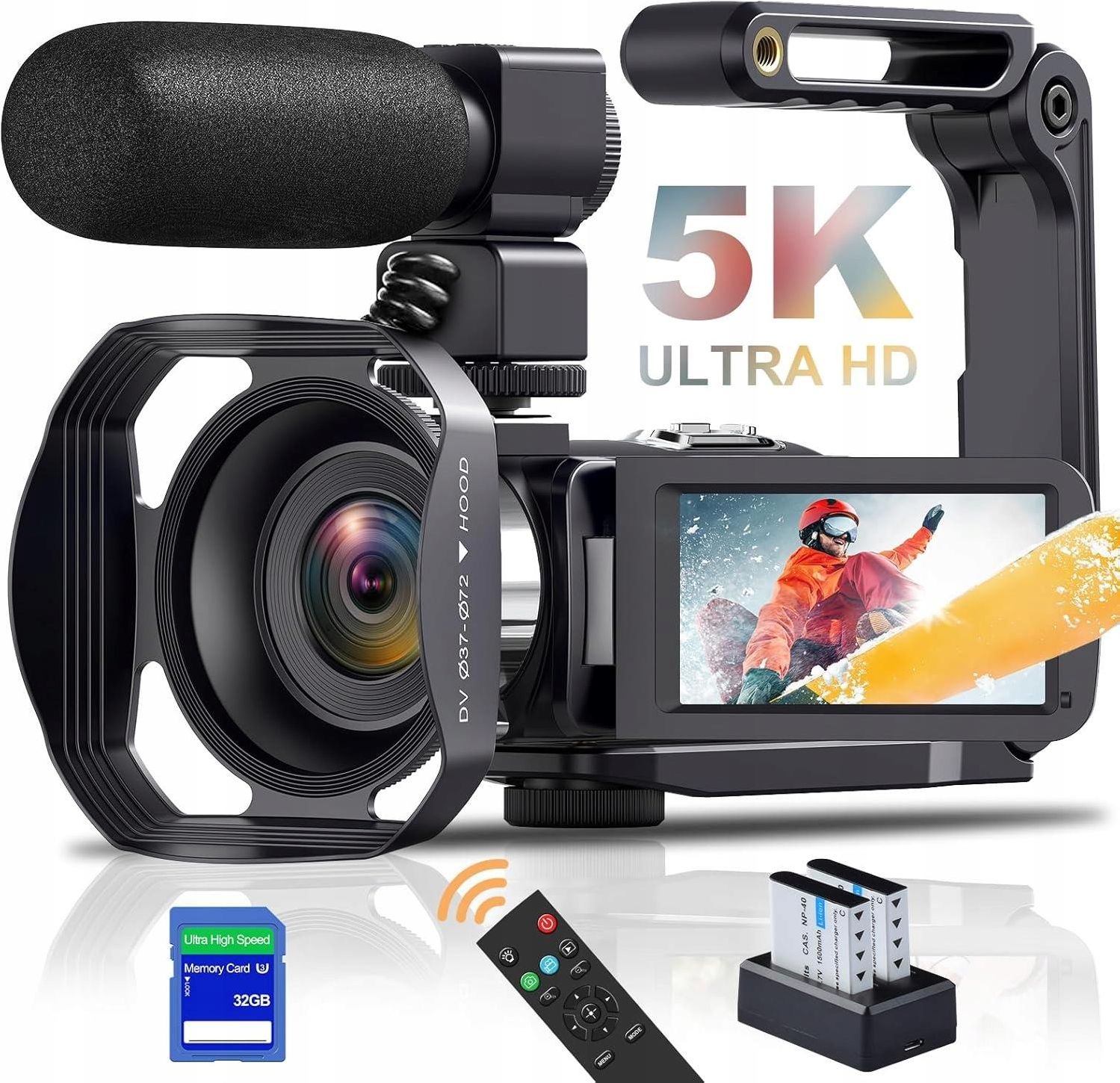 Videocamera 6K 64MP Con Touch Screen 4″, Visione Notturna, WiFi, Batteria 4500mAh E Accessori (microfono, Stabilizzatore, SD 64GB)