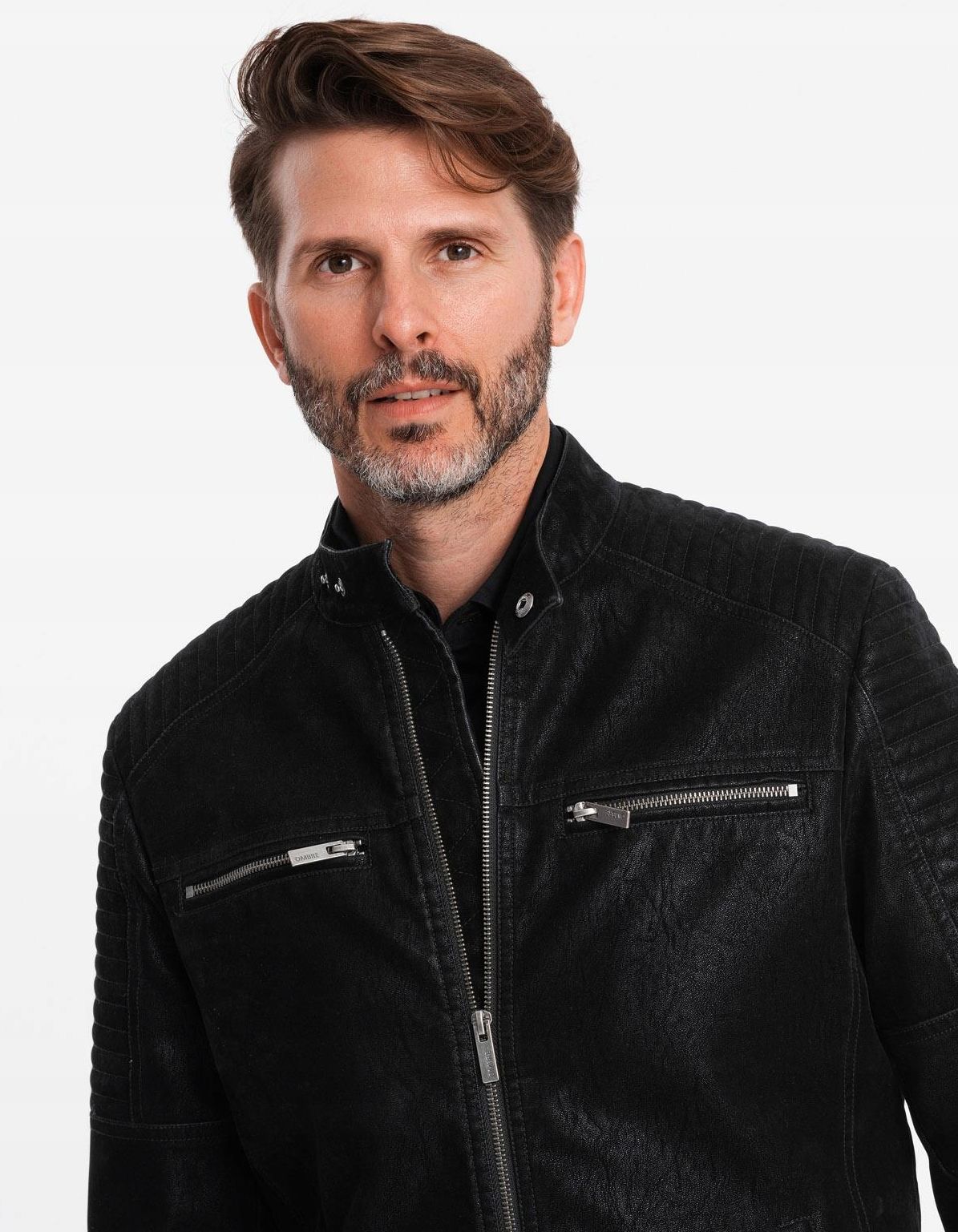 Kurtka męska biker ze stójką w stylu retro czarna V2 OM-JAFL