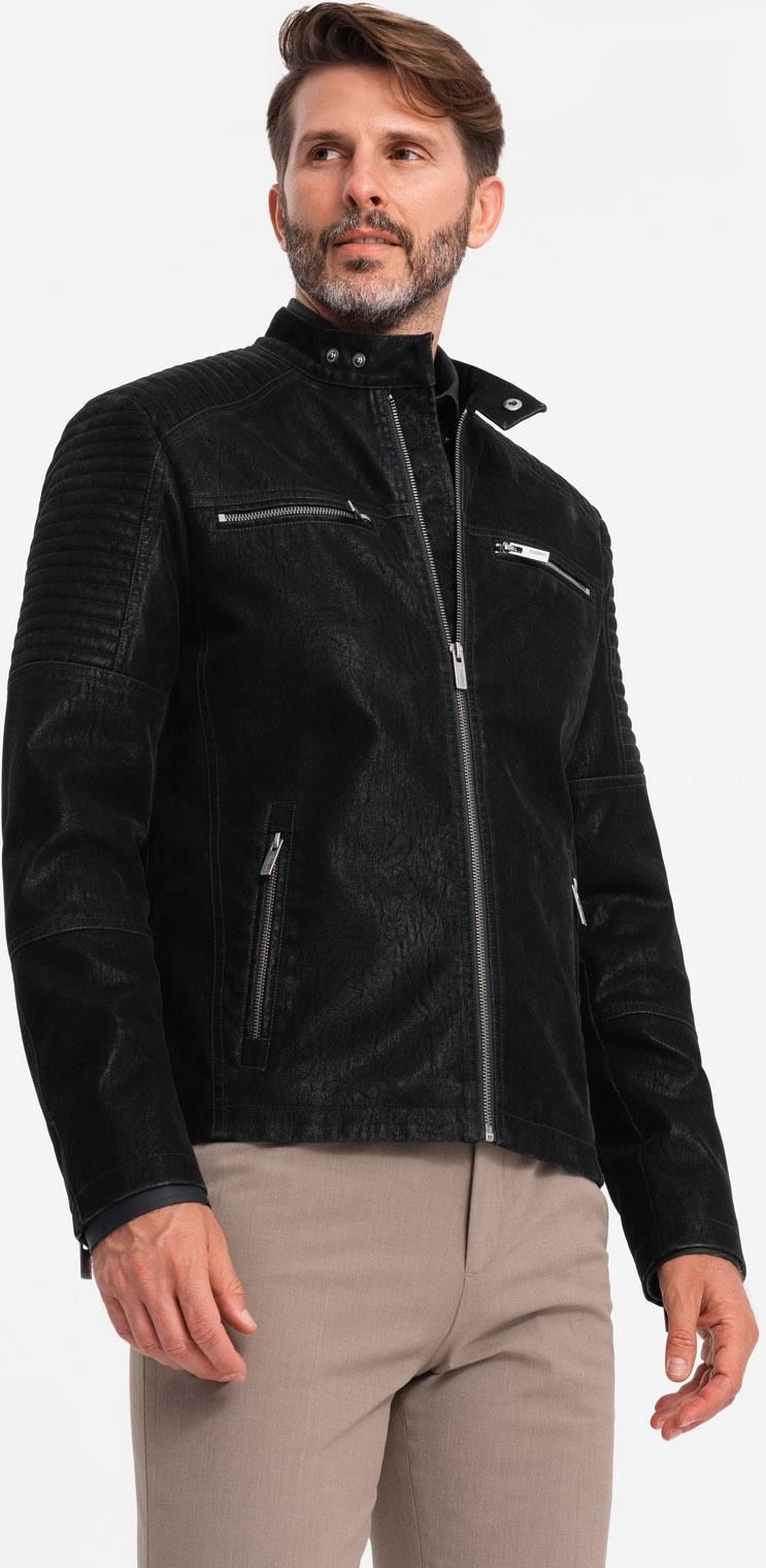 Kurtka męska biker ze stójką w stylu retro czarna V2 OM-JAFL
