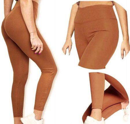 MODNE DAMSKIE LEGGINSY W PRĄŻKI odcień brązu rozmiar z metki S/M