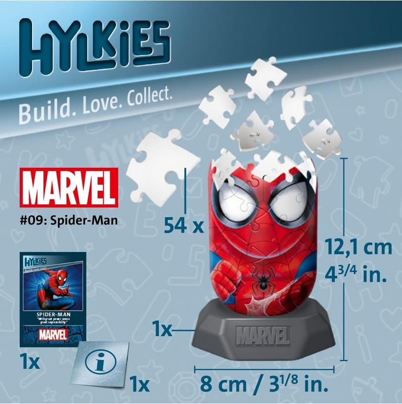 Ravensburger Puzzle 3D Hylkies – Marvel – Figurine N°8 Iron Man – 54 Pièces Numérotées, Sans Colle, Support Inclus