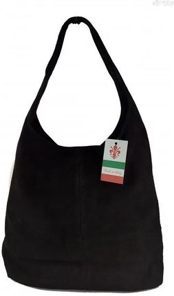 Zamszowy Worek Włoska Skórzana Torba Xl A4 Czarny Shopper Bag W356N