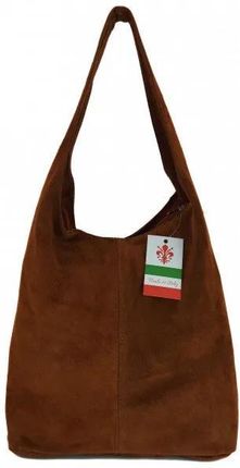 Zamszowy Worek Włoska Skórzana Torba Xl A4 Brązowy Shopper Bag W356M
