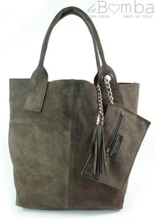 Zamsz Naturalny Ziemista Włoska Torba Xl A4 Shopper Bag Skórzana W567Z
