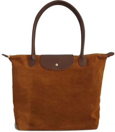 Duża Zamszowa Włoska Torba Xl- A4 Worek Shopper Na Ramię Vera Pelle Camel Z Brązem Vka41Cm