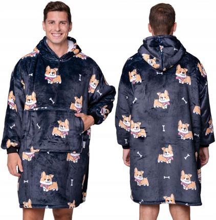Koc Bluza Oversize Gruba Kocobluza 2w1 XXL Wzór Corgi Futrzak z Kapturem