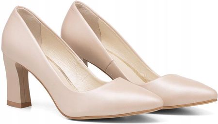 Czółenka skórzane na modnym słupku beż Alicja 39