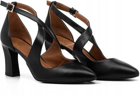 Skórzane czółenka na słupku z paskami zapinanymi na kostce czarne Iga 41