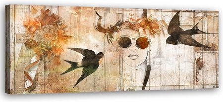Feeby Canvas Wall Art Mural Woman Face And Birds 120X40 Cm Decoration Design Living Room Bedroom Hallway Office Kitchen