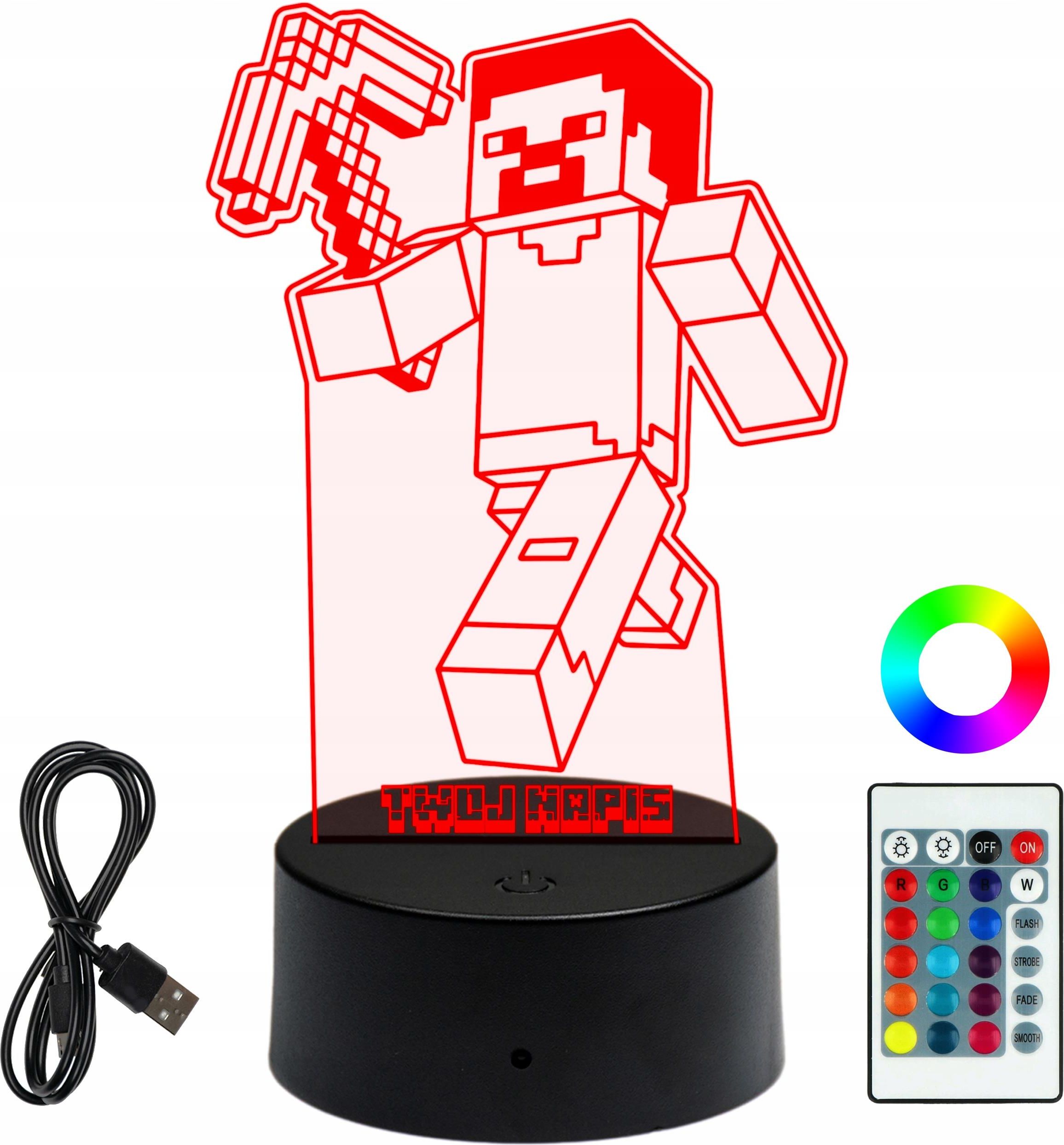 Lampka Nocna 3D Led Grawer Plexi Prezent Dla Dziecka Minecraft Steve Z ...