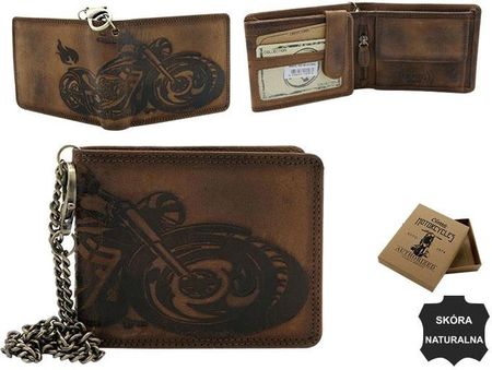 Portfel Męski Wild Skóra Naturalna Duży Poziomy Dwa Skrzydełka I Łańcuszek N992C BRĄZOWY RFID ,,MOTOR,, 12 x 9,5 x 3 [cm]