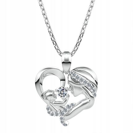 Larezo Srebrny Naszyjnik Serce 925 Matka z Dzieckiem w Sercu Dla Mamy Cyrkoniami