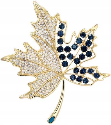 Pinets Efektowna Broszka Liść pozłacany z białymi i niebieskimi cyrkoniami