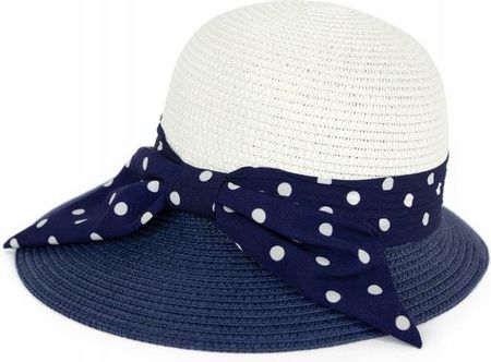 Kapelusz Damski ze Ściętym Rondem Granatowy Szarfa w Groszki Letni