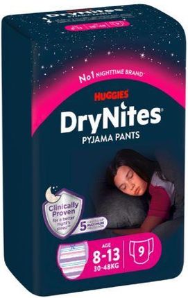 HUGGIES DRYNITES GIRLS 8-13 lat (30-48kg) pieluchomajtki, 9 sztuk