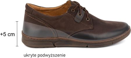 Buty męskie podwyższające CASUAL sznurowane skórzane 237KZ + 5 cm Brązowe