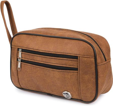 Kosmetyczna podróżna saszetka elegancka uniseks koniakowa konianubuk Beltimore R25