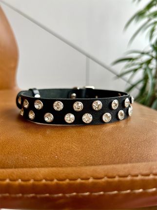 Skórzany Czarny Choker Na Szyję Naszyjnik z Cyrkoniami - Szeroki