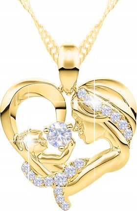 Złoty Naszyjnik Serce Matka z Dzieckiem Pozłacany 585 Cyrkonie Srebro 925