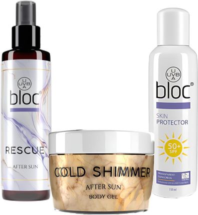 Bloc Zestaw Do Opalania Bloker Spf 50+ Mgiełka Reascue I Żel Gold Shimmer Po Opalaniu