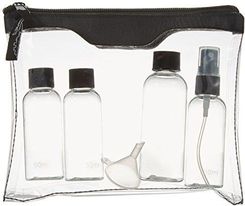 Torba na toaletę bezpieczeństwa na podróż samolotem, w zestawie: 2 x 50 ml, 1 x 80 ml buteleczka i 1 rozpylacz z lejkiem do napełniania, Przezroczysty