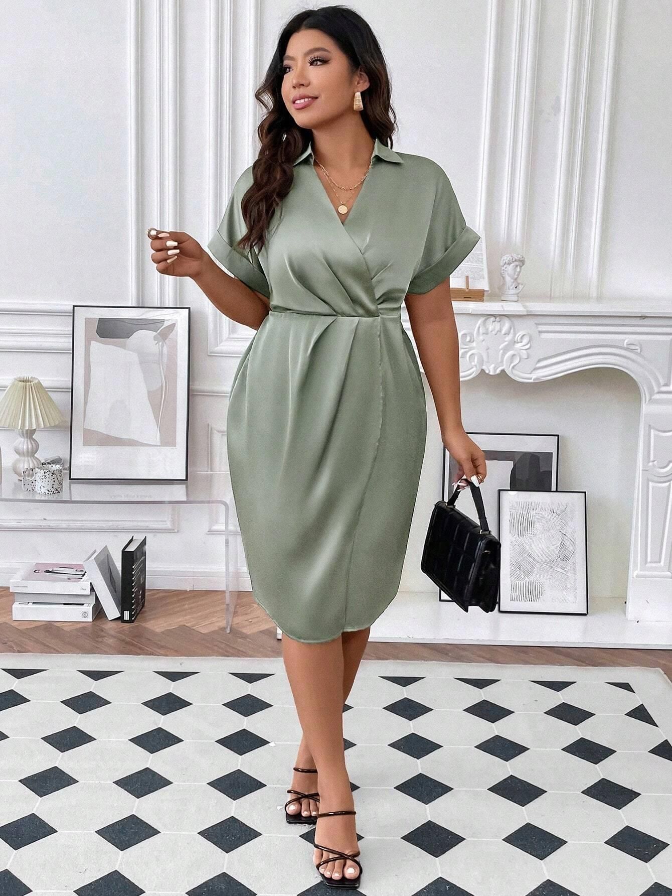 saten333 Shein Zielona Satynowa Sukienka Z Krótkim Rękawem Wrap 4XL