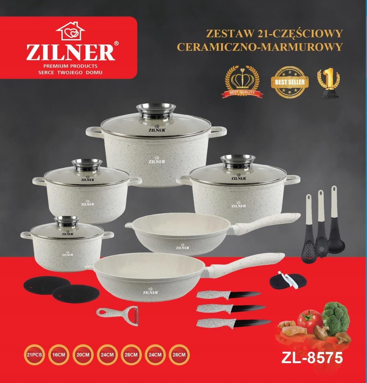 Zilner Zestaw Garnków Białe Ceramiczno Marmurkowe 21el. (8575