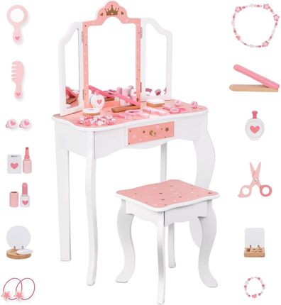 Tooky Toy Drewniana Toaletka Z Krzesełkiem Składane Lusterko Akcesoria 15 El.