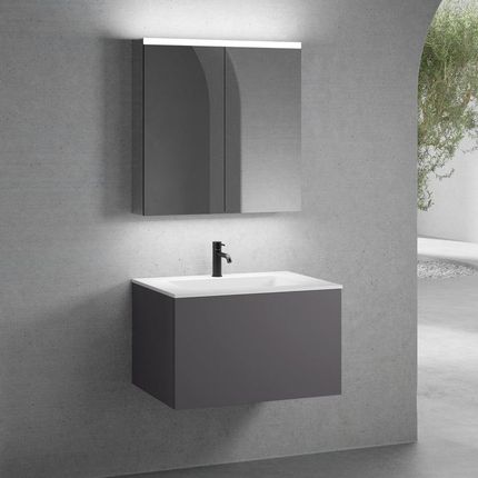 Neoro N50 Szafka 80Cm Z 1 Szufladą Umywalka Z 1 Otworem Na Baterię Biały Mat Z Szafką Z Lustrem (BN0094WM+BN0432GR+BN0473MI)
