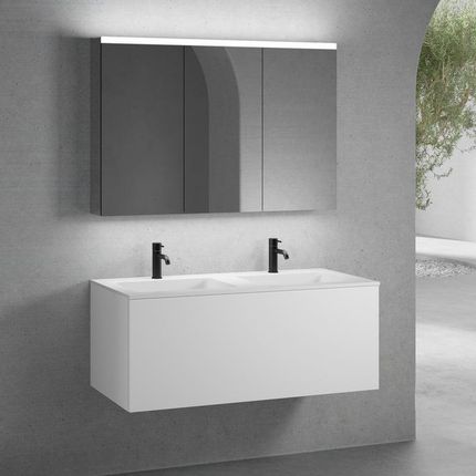 Neoro N50 Szafka 120Cm Z 1 Szufladą Podwójna Umywalka Z 2 Otworami Na Baterię Biały Mat Z Szafką Z Lustrem (BN0098WM+BN0434WM+BN0475MI)