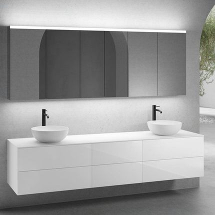 Neoro N50 Zestaw Mebli 220Cm 6 Szuflad 2 Umywalki 45Cm Biały Mat Z Szafką Z Lustrem (2BN0106WM+2BN0422WH+BN0421WH+BN0415WH+2BN0473MI+BN0472MI)