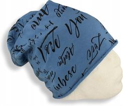 Czapka damska Beanie włoska cienka smerfetka bawełna niebieska z napisami - zdjęcie 1