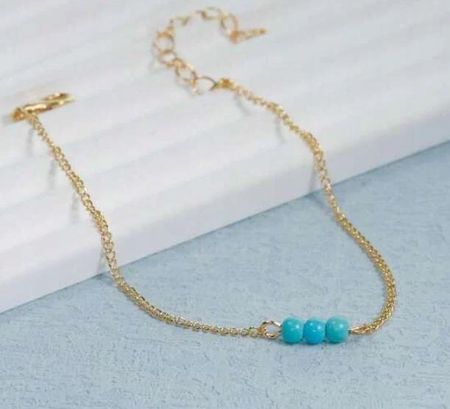 Złota Bransoletka Damska z Miedzi Zdobiona Turkusowymi Kulkami 18-23cm